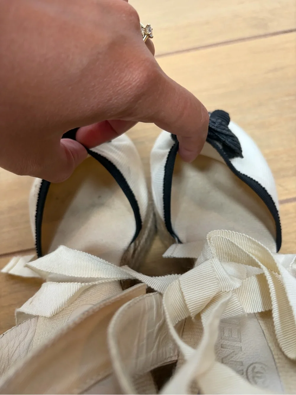 Chanel Cream and Black Camellia Flower Espadrille Wedges Ballerina Ribbon Ties